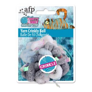 Cat Knotty Habit Yarn Crinkly Ball toy packaging featuring soft yarn and crinkle elements for playful cat engagement.
