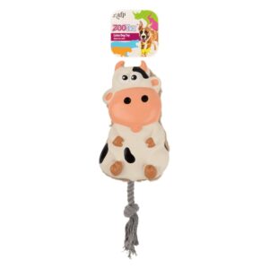 AFP Zootex Toss a Cow latex dog toy featuring soft molded cow design with rope attachment.