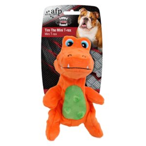 AFP Tim The Mini T-Rex plush dog toy in bright orange and green, designed for fun and comfort for dogs.