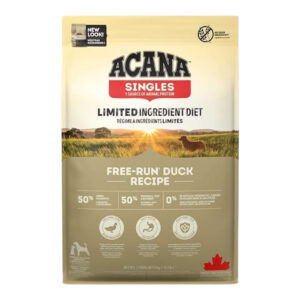 ACANA Singles Free-Run Duck Dog Food bag featuring a limited-ingredient diet for all dog breeds and life stages.