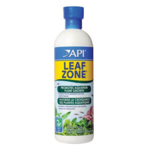 API Leaf Zone All in One Plant Fertilizer bottle promoting vibrant aquarium plant growth with iron and potassium.