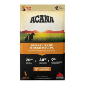 Acana Puppy Large Breed Dry Dog Food 17kg package featuring fresh Canadian chicken and raw fish ingredients.