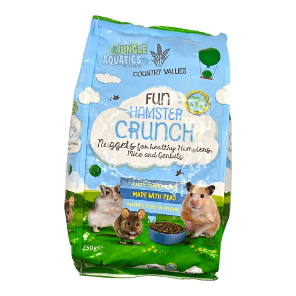 Burgess Country Values Fun Hamster Crunch 250g bag for hamsters, mice, and gerbils, nutritious nuggets made with peas.