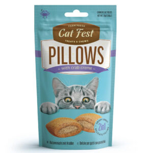 Cat Fest Pillows cat treats packaging featuring crab crème, crispy crust, and adorable cat graphic.