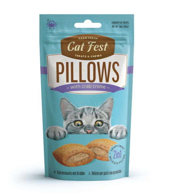 Cat Fest Pillows cat treats packaging featuring crab crème, crispy crust, and adorable cat graphic.
