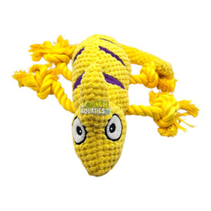Chameleon Rope Squeaker Dog Toy with yellow body and rope limbs for interactive play.
