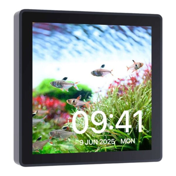 Chihiros WiFi Hub Pro displaying time and aquarium scene with fish and lush aquatic plants.