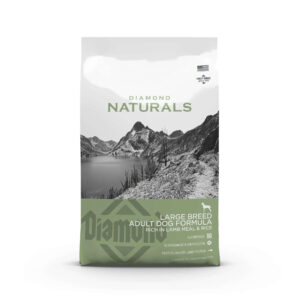 Diamond Naturals Large Breed Adult Dog Formula Rich in Lamb Meal and Rice Dry Dog Food package design.