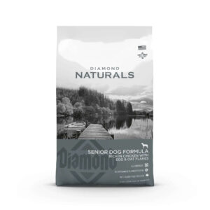 Diamond Naturals Senior Dog Formula Rich in Chicken with Eggs and Oat Flakes Dry Dog Food bag on a scenic background.