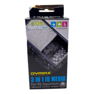 Dymax 3 in 1 Media for IQ Aquarium packaging featuring mechanical, chemical, and biological filtration.