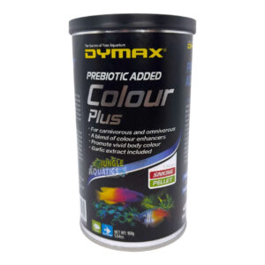 Dymax Colour Plus fish food canister with prebiotic ingredients for vibrant tropical and marine fish health.
