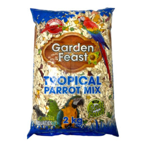 Garden Feast Tropical Parrot Mix bag with colorful parrots and nutritious ingredients for tropical birds.