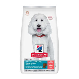 Hills Science Plan Hypoallergenic Adult Medium with Salmon Dry Dog Food bag featuring a white dog.