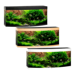 Juwel Vision Series aquariums in black, brown, and white showcasing vibrant aquatic plants and fish.