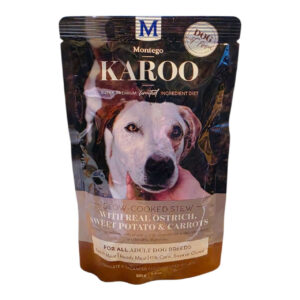 Karoo Slow Cooked Stew Wet Dog Food 150g with real ostrich, sweet potato & carrots in a packaging.