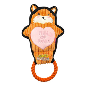 Q-Monster Dog Toy Orange Fox featuring soft corduroy plush and braided rope, perfect for dogs to tug and chew.