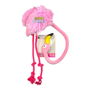 Q-Monster Dog Toy Pink Flamingo with plush body and rope legs for tugging and chewing.