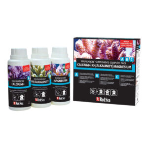Red Sea Reef Foundation Complete Supplements Kit featuring Calcium+, KH/Alkalinity, and Magnesium bottles.