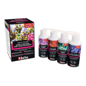Red Sea Trace Colors ABCD product packaging and bottles for coral trace elements and bioactive supplements.
