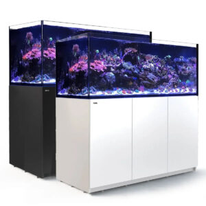 Red Sea Reefer G2+ 750 aquarium system featuring vibrant coral and marine life in black and white cabinets.