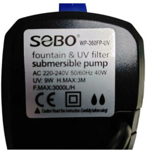 SOBO WP-360FP-UV submersible pump specifications, AC 220-240V, 50/60Hz, H.Max 3M, F.Max 3000L/H for pond use.