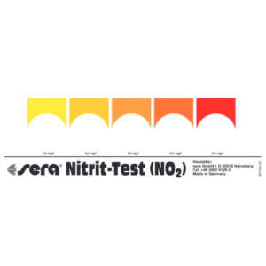 Sera No2 Nitrite Test Kit color chart for measuring nitrite levels in freshwater and marine aquariums.