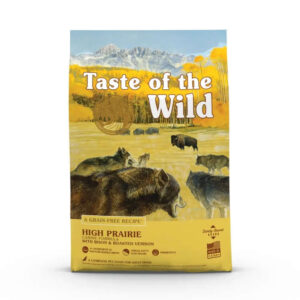 Taste of the Wild Canine High Prairie Dry Dog Food bag featuring bison and roasted venison.
