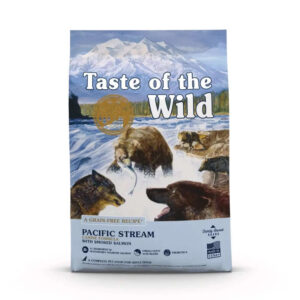 Taste of the Wild Canine Pacific Stream Dry Dog Food bag featuring smoked salmon and natural ingredients.