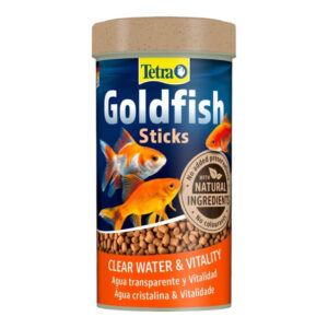 Tetra Goldfish Sticks container featuring balanced food for healthy goldfish with natural ingredients and clear water formula.