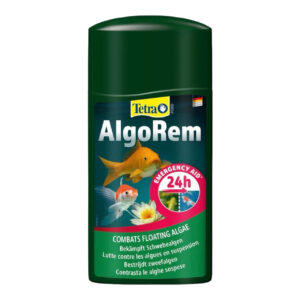 Tetra Pond AlgoRem bottle for combating floating algae in ponds, effective in 24 hours, with goldfish and plant illustration.