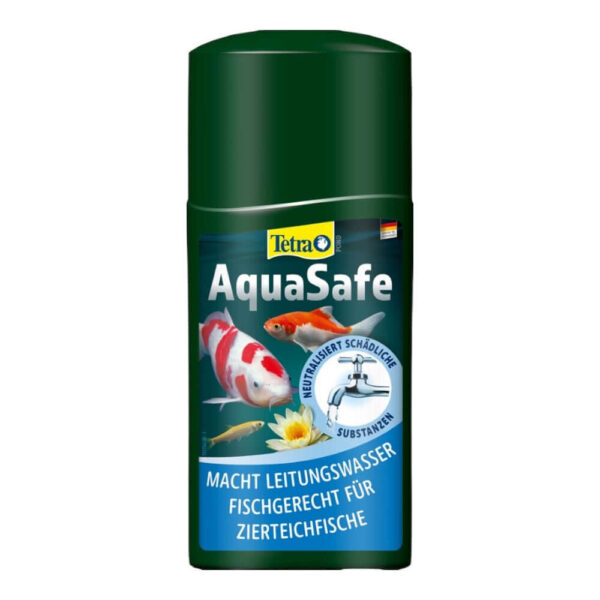Tetra Pond AquaSafe bottle making tap water safe for fish in garden ponds, protecting plants and aquatic life.