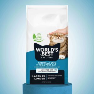 World's Best Multiple Cat Clumping Cat Litter with Lotus Blossom scent, promoting odor control and 99% dust-free formula.