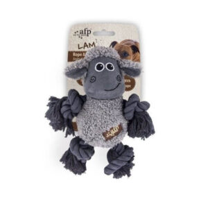 AFP Cuddle Body Rope toy featuring a plush lamb design with rope limbs, ideal for dog play and interaction. Size: 17 x 17 x 10cm.