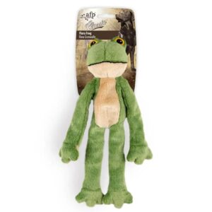 AFP Flora Frog dog toy with two-toned green and cream body and squeaker for interactive playtime fun.