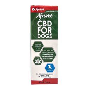Afrivet nCBD+ for Dogs 30ml drops packaging, designed for managing minor pain, anxiety, and inflammation in dogs.