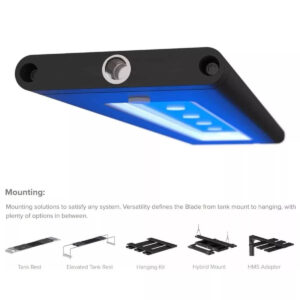 AI Blade Smart LED Strip mounting options for aquariums: tank rest, elevated, hanging kit, hybrid mount, and HMS adapter.