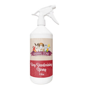 Animal Zone Dog Deodorising Spray 1L bottle designed to eliminate pet odors and bacteria, suitable for all pets.