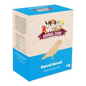 Animal Zone Parrot Cereal package, a balanced diet for parrots, 1 kg box, with colorful animal graphics.