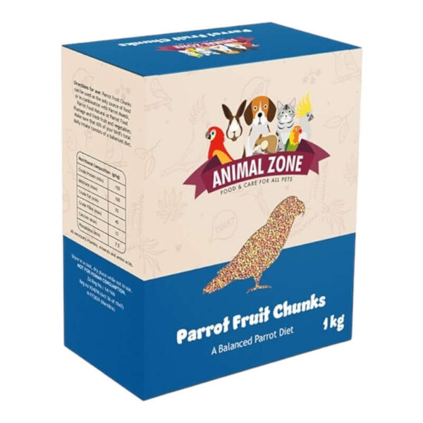 Animal Zone Parrot Fruit Chunks 1kg pack, nutritious diet with fruits and grains for parrots.