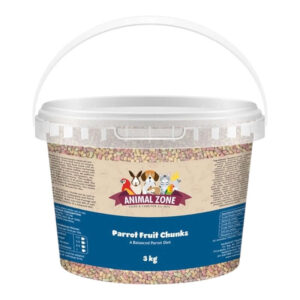Animal Zone Parrot Fruit Chunks 3 kg bucket with balanced diet of fruits, grains, and vegetables for parrots.