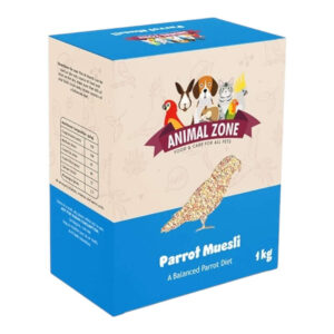 Animal Zone Parrot Muesli 1kg box featuring a balanced parrot diet with grains, peanuts, and dried fruits.