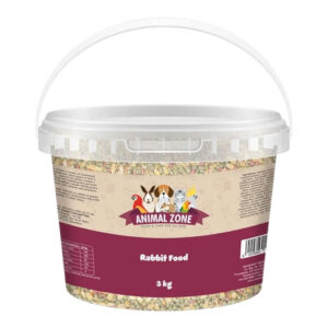 Animal Zone Rabbit Food 3 kg bucket featuring compressed pellets and grains for balanced rabbit nutrition.