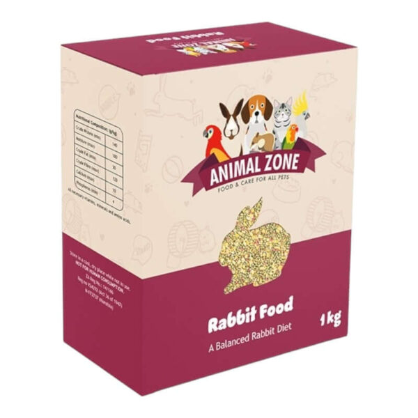 Animal Zone Rabbit Food packaging featuring a balanced diet for rabbits, including various grains and nutrients.