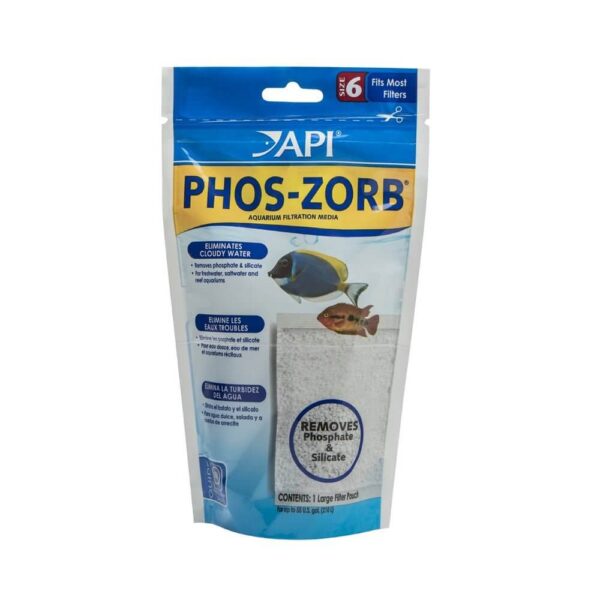 API Phos-Zorb filtration media packaging for aquariums, designed to eliminate cloudy water by removing phosphates and silicates.