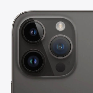 Close-up of Apple iPhone 14 Pro Max camera with dual lenses and flash, showcasing sleek design and advanced photography features.