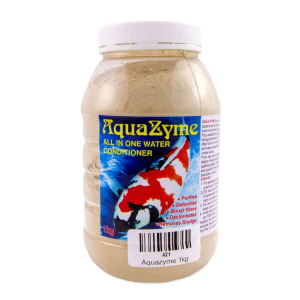 Aqua Zyme All in One Pond Water Conditioner jar, purifies and detoxifies pond water for healthy fish. 1kg packaging.