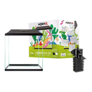 Aquael Leddy Mini 30 Creative Set aquarium with Turbo Mini filter and colorful background box for children's rooms.