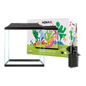 Aquael Leddy Mini 35 aquarium set with filter and colorful packaging, ideal for children's bedrooms.