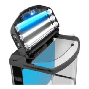 Aquael Reef Master 60 aquarium with open lid showcasing powerful T5 lighting and LED setup for marine life.