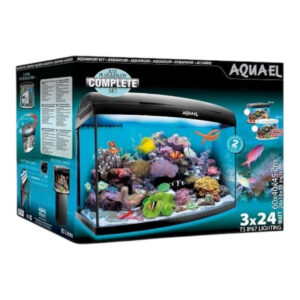 Aquael Reef Master 60 reef aquarium box showcasing vibrant marine life and T5 lighting features.